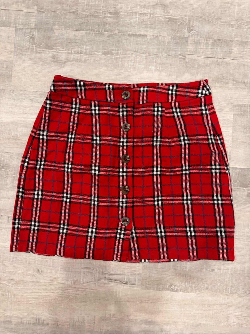 Francesca's Collections Red Plaid Button-Front Mini Skirt